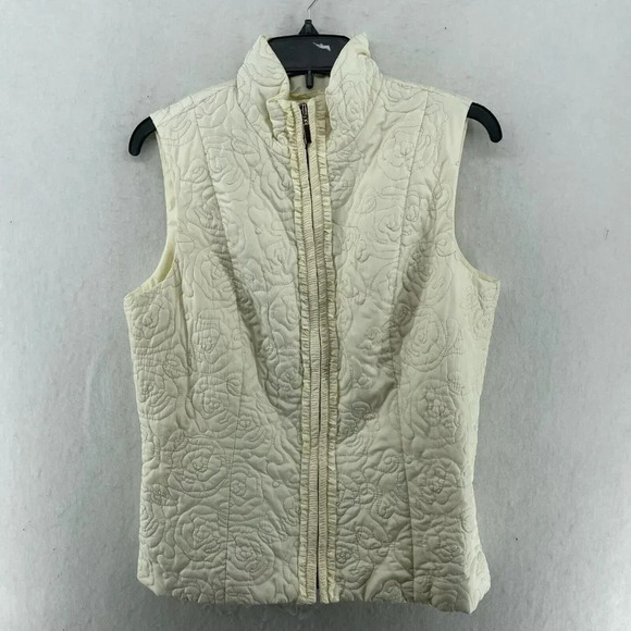 Charter Club Vest Jacket Womens M Ivory White Full-Zip Quilted Ruffled Mock Neck - Picture 1 of 11